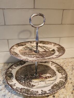 Vintage Johnson Brothers "The Friendly Village" 2 Tier Serving Plate Stand